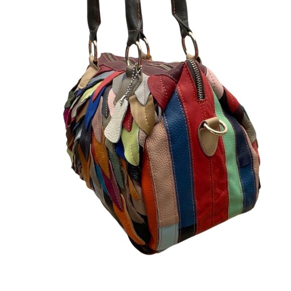 Handcrafted Multicolored Leather Patchwork With Dual Handles Crossbody Bag - Picture 3 of 9
